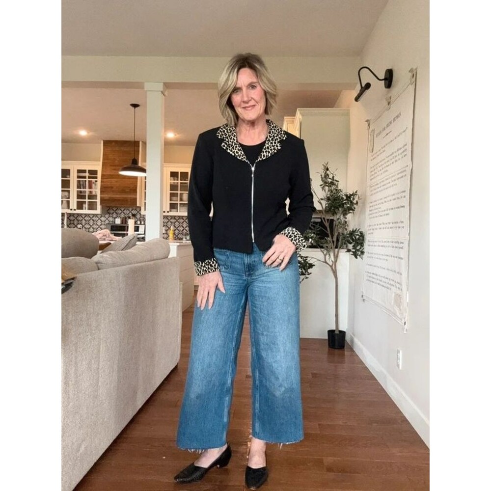 Jason Matthews Black Zip-Up Jacket with Leopard Print Trim